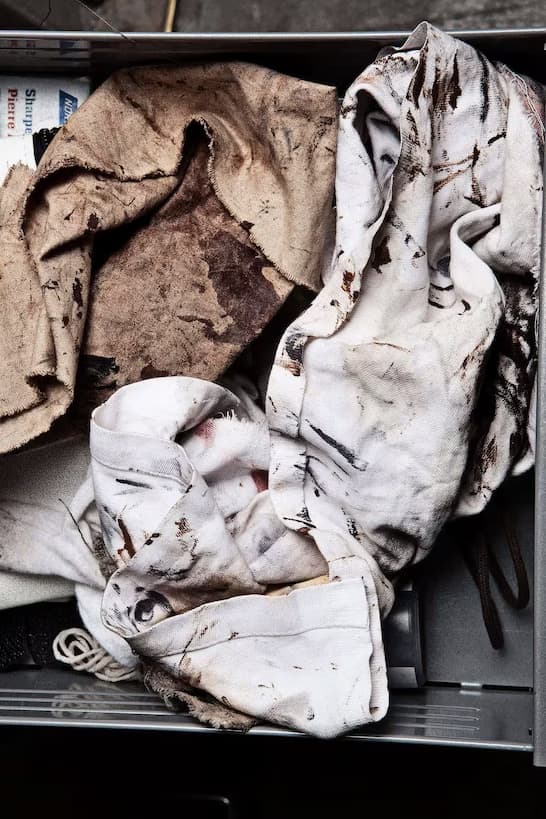 Une collection de chiffons sales et tachés, certains marron et d'autres blancs, froissés dans un tiroir de l'atelier d'un artisan maroquinier, utilisés quotidiennement pour son travail du cuir.